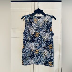 Sleeveless Palm-Print Blouse - Navy & Yellow